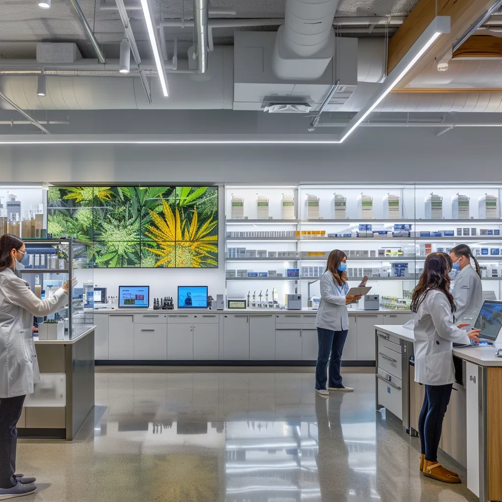 a modern medical supply office, bustling with professionals engaged in dynamic discussions about cbd innovations on sleek laptops amidst a backdrop of cutting-edge medical equipment and informative display screens.