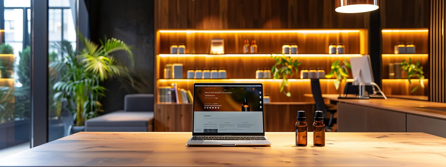 a sleek, modern office space features a polished wooden desk with a laptop open to an e-commerce website displaying premium full spectrum cbd oil products, bathed in warm, inviting lighting.