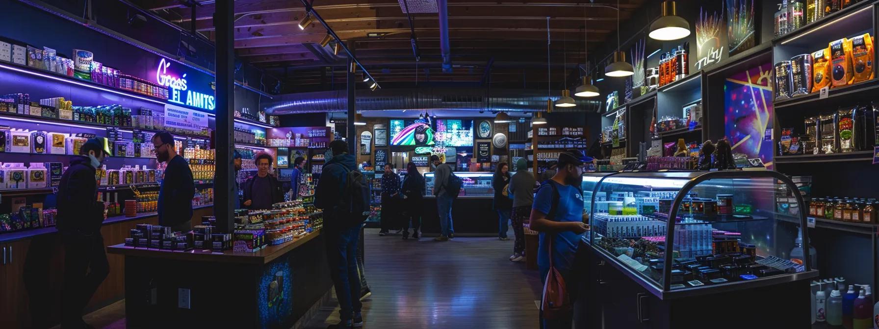 a crowded urban dispensary filled with colorful cannabis products, showcasing the stark contrast between legal offerings and a dimly lit corner advertising illicit sales, highlighting the complexities of michigan's cannabis market.