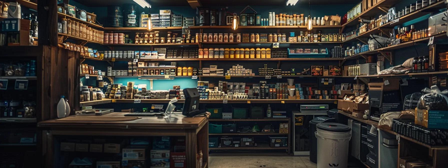 a dimly lit cannabis dispensary showcases shelves overflowing with products, highlighting the stark contrast between excessive inventory and dwindling prices as concerned customers peruse the merchandise.