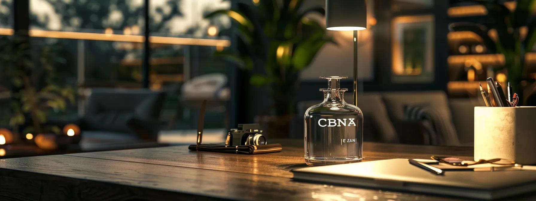 a serene, modern nighttime office space with soft ambient lighting, showcasing a sleek, minimalist desk with a sophisticated glass bottle labeled cbn, emphasizing a tranquil atmosphere for addressing insomnia symptoms.
