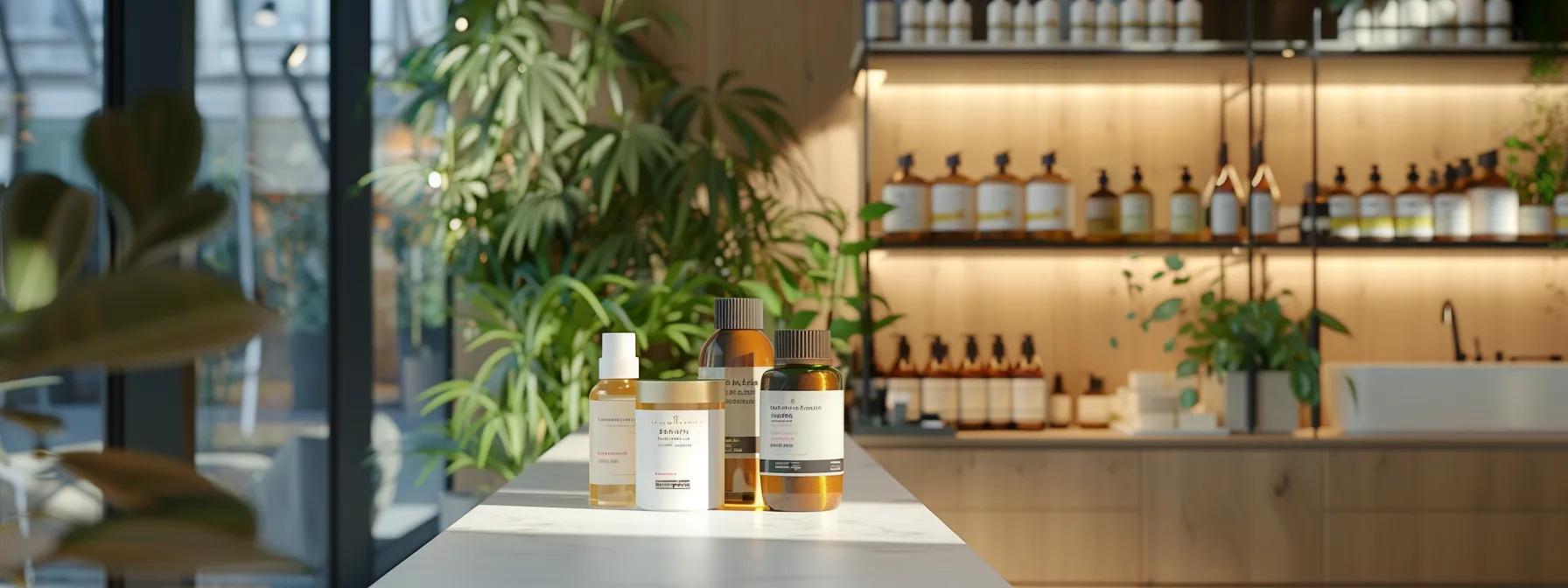 a sleek, modern office environment showcases a sophisticated product display of premium cbd items against a contemporary backdrop, emphasizing innovation and quality in the wellness industry.
