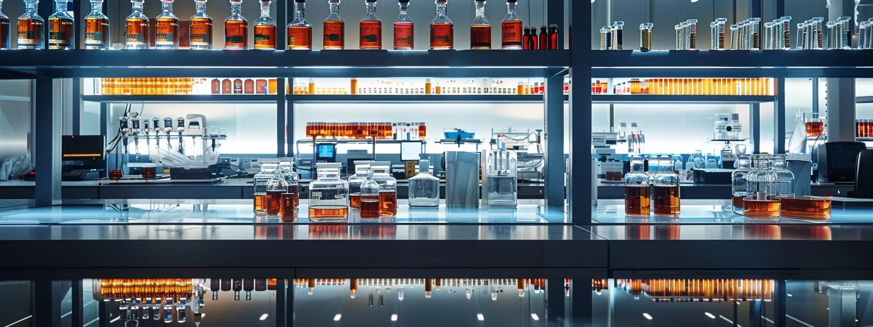 a modern, sleek laboratory filled with glass vials and high-tech equipment, illuminated by focused overhead lighting, showcases the intricate process of extracting and analyzing terpenes from cbd products, highlighting their vibrant colors and aromatic qualities.