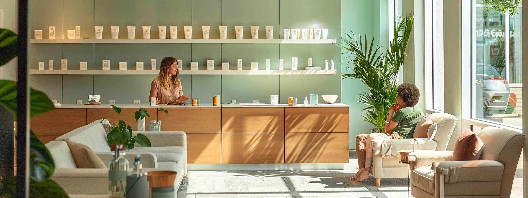 a modern wellness office, stylishly designed with calming colors and sophisticated decor, features a serene woman engaging in a mindfulness session surrounded by tasteful cbd product displays, emphasizing the intersection of women's health, hormones, stress, and wellness.