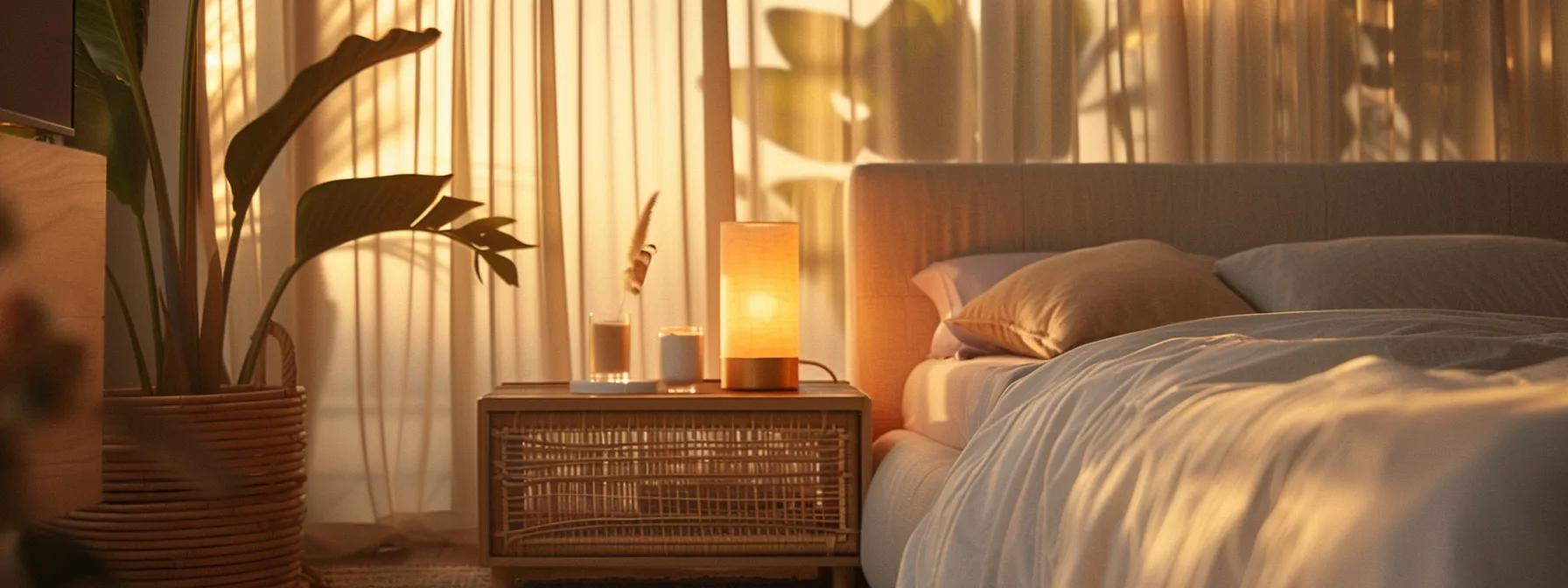 a serene and modern bedroom setting features a calming color palette with a sleek sleep tracker on the bedside table, symbolizing the intersection of cannabinoids and technology in the pursuit of restful sleep.