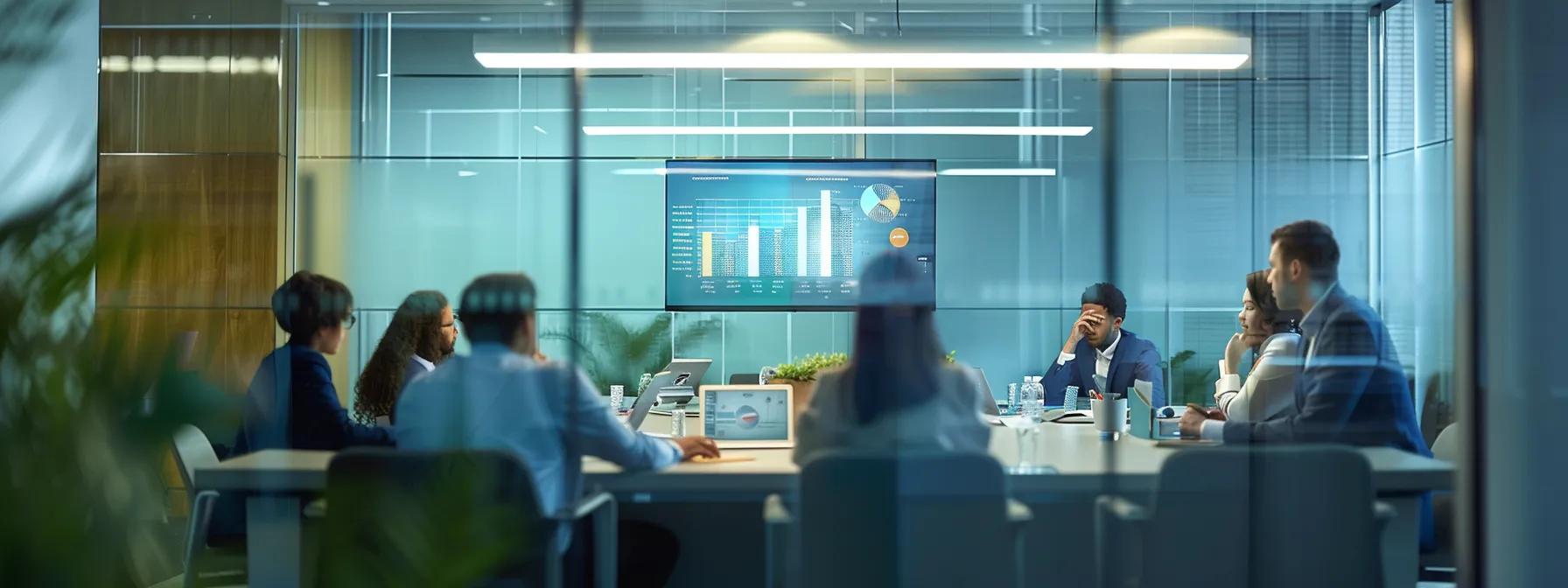 an informative, modern office setting features a sleek conference table adorned with high-tech devices and vibrant infographics about cannabinoids as a diverse group of professionals engage in a focused discussion on chronic pain relief strategies.