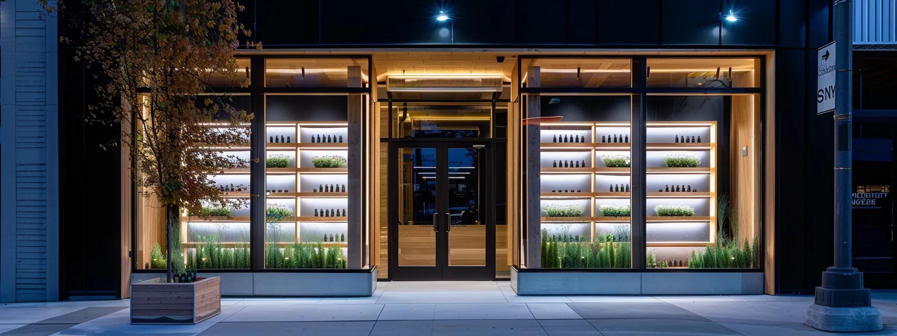 a sleek urban storefront showcases a modern display of the top 25 renowned hemp brands for cbd, designed to attract customers seeking high-quality cannabinoids.