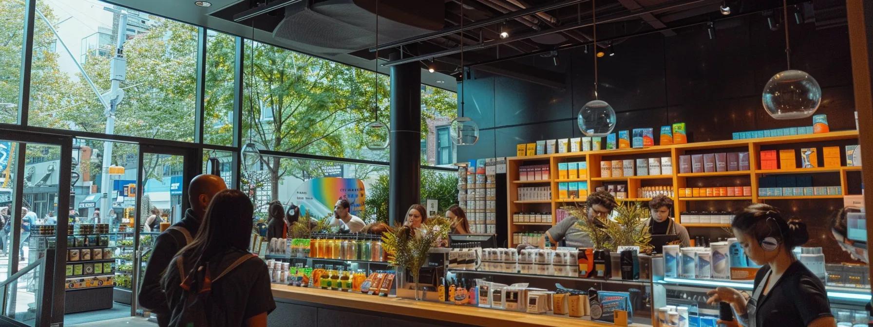 a vibrant, sleek urban storefront showcases an array of colorful cannabinoid products displayed prominently behind glass, attracting a diverse crowd of curious customers engaged in lively discussions about their favorites.