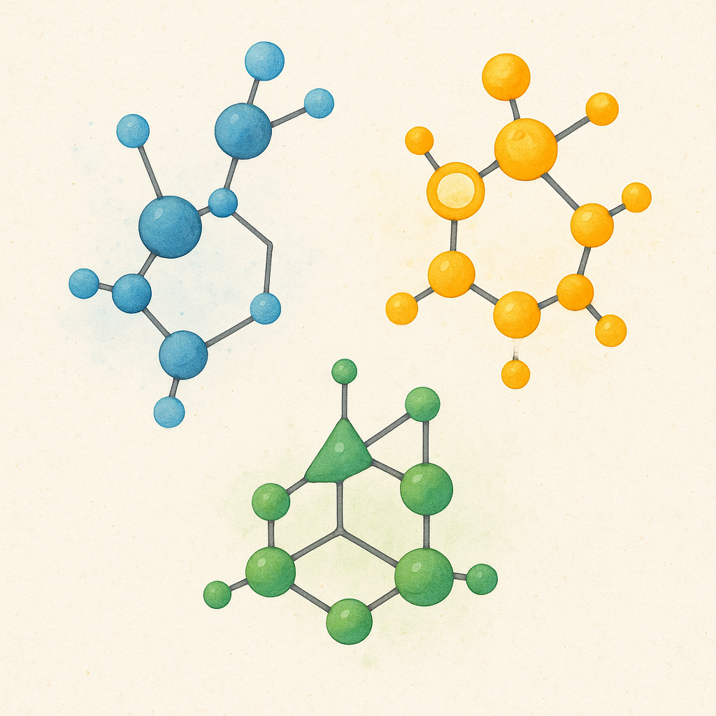 Abstract molecular structures of different terpenes with color coding representing their effects - relaxing blues for myrcene, energizing yellows for limonene, focusing greens for pinene