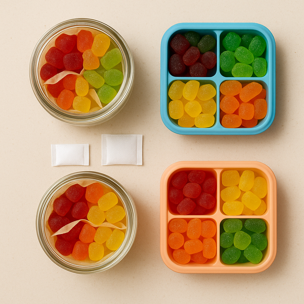 A visually appealing flat-lay of various storage solutions for gummies including glass jars with parchment paper dividers, silicone containers, and desiccant packets arranged neatly on a clean countertop