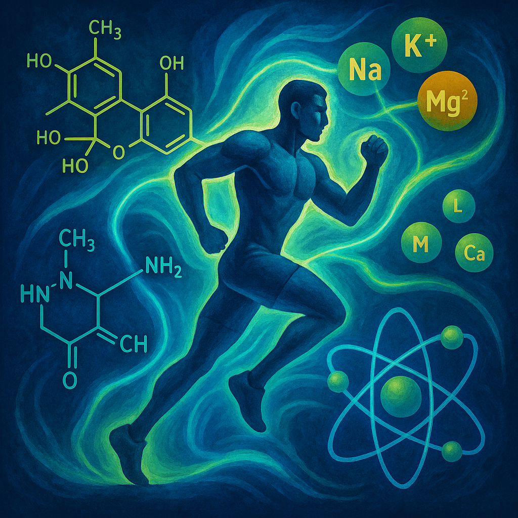 Abstract visualization of CBD, creatine molecules, and electrolyte minerals surrounding an athletic figure in motion, with blue and green energy waves connecting them