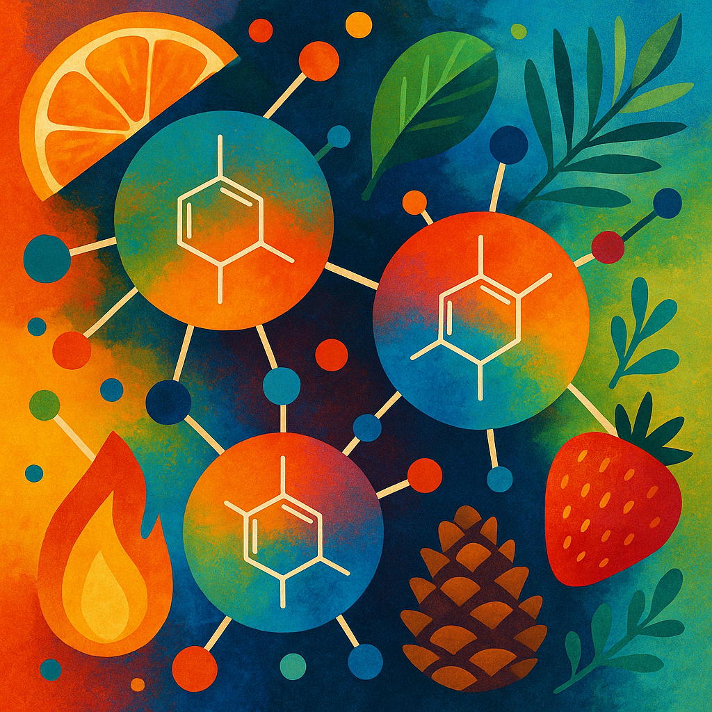 Abstract illustration showing terpene molecules connecting with flavor elements, using vibrant colors to represent different aroma profiles
