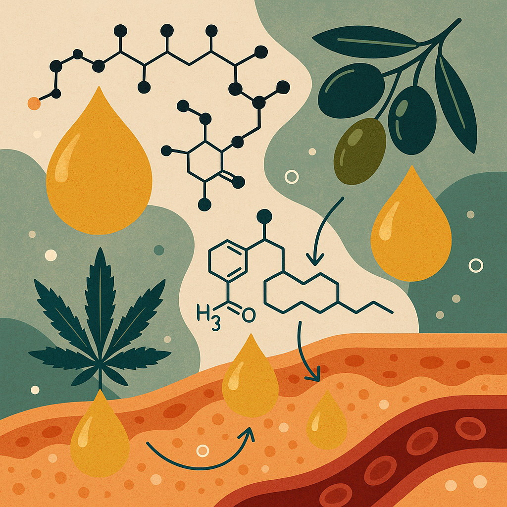 Abstract illustration showing different carrier oils (MCT, olive, hemp seed) with molecular structures and absorption pathways into the bloodstream