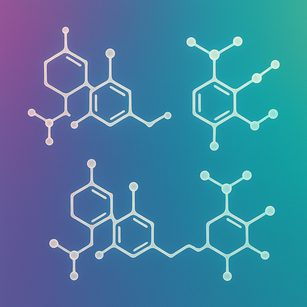 Abstract molecular structures of THCV, CBDV, and CBC with subtle visual differences, set against a gradient background representing their different properties
