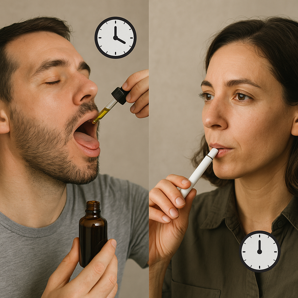 Side-by-side comparison of a person using a CBD tincture dropper under their tongue versus someone using a sleek CBD vape pen, with clock icons showing different onset times