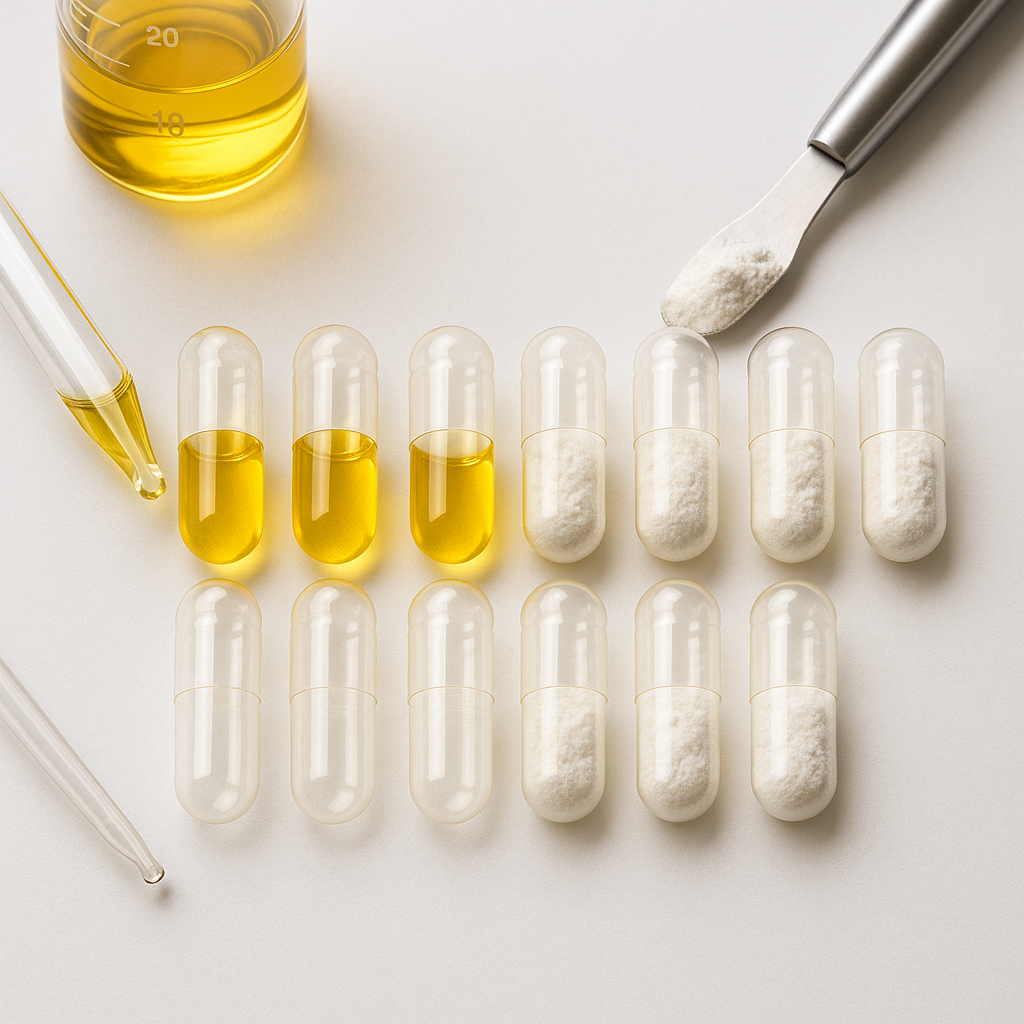 Clear capsules being filled with golden MCT oil and white sunflower lecithin powder, side by side on a clean workspace with measuring tools