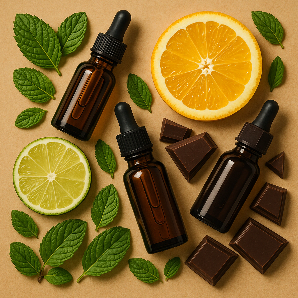 Stylized product flat lay of various CBD oil bottles with flavor-masking ingredients like mint leaves, citrus slices, and dark chocolate arranged artistically around them