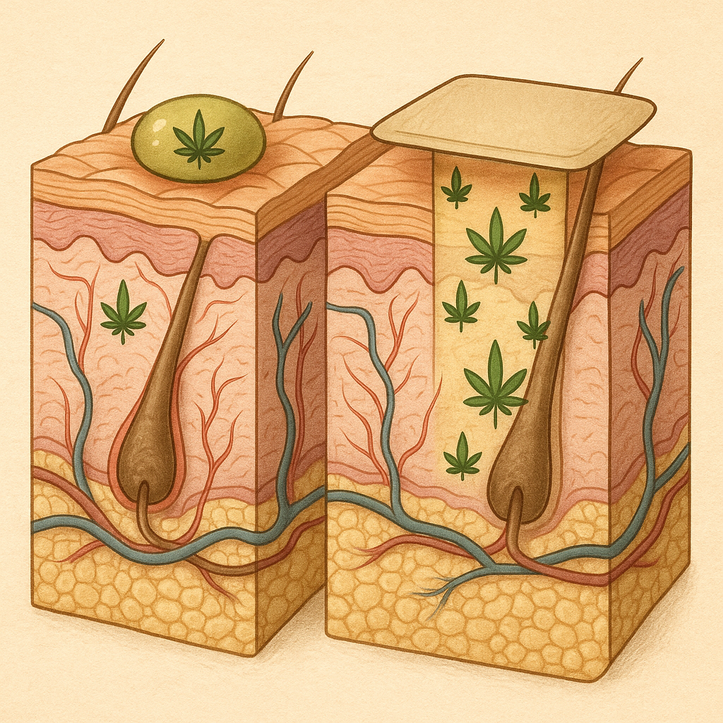 Cross-section illustration of skin showing CBD topical penetration vs transdermal patch delivery through different skin layers