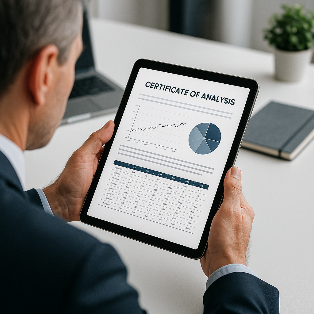 Professional handling a digital tablet displaying a Certificate of Analysis document with graphs and test results in a modern office setting