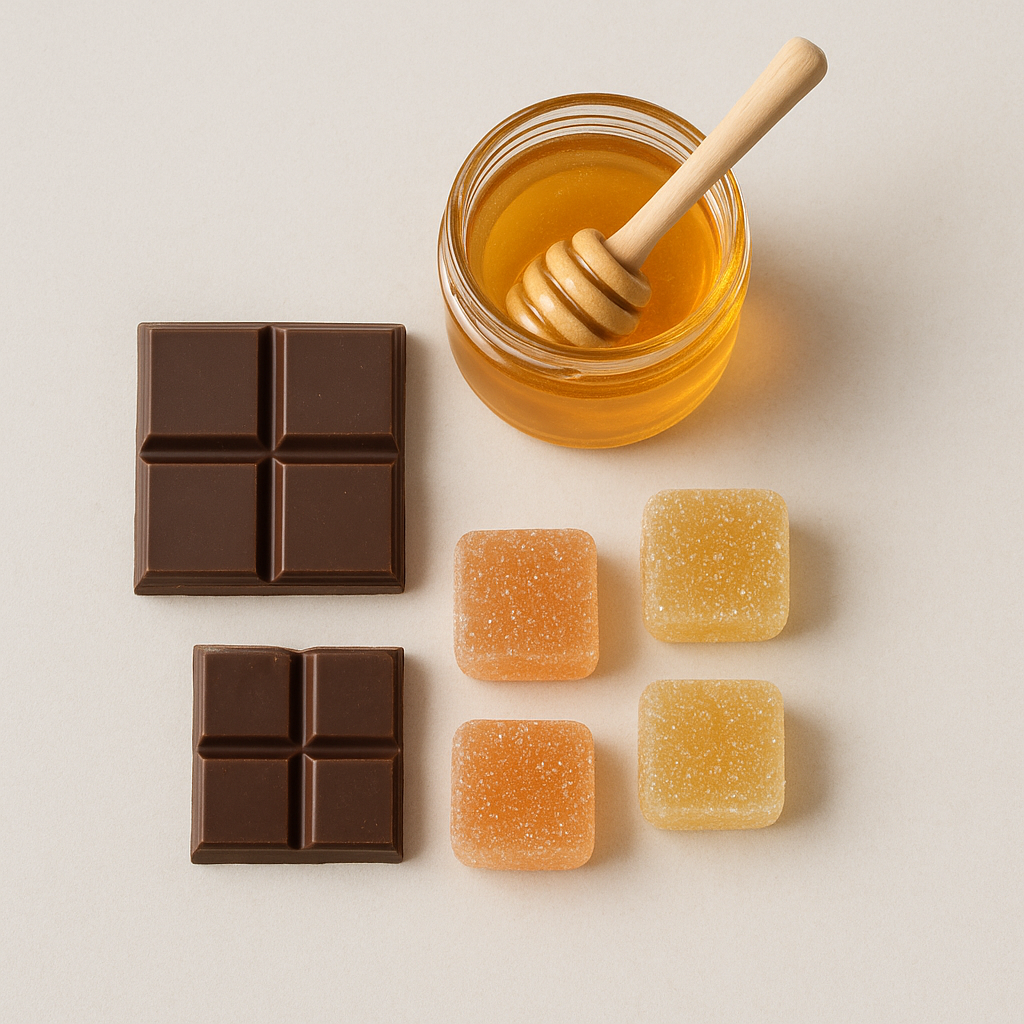 A calm, minimalist flat-lay of stomach-friendly CBD edibles including honey jar, dark chocolate squares, and natural gummies arranged on a light background with soothing colors
