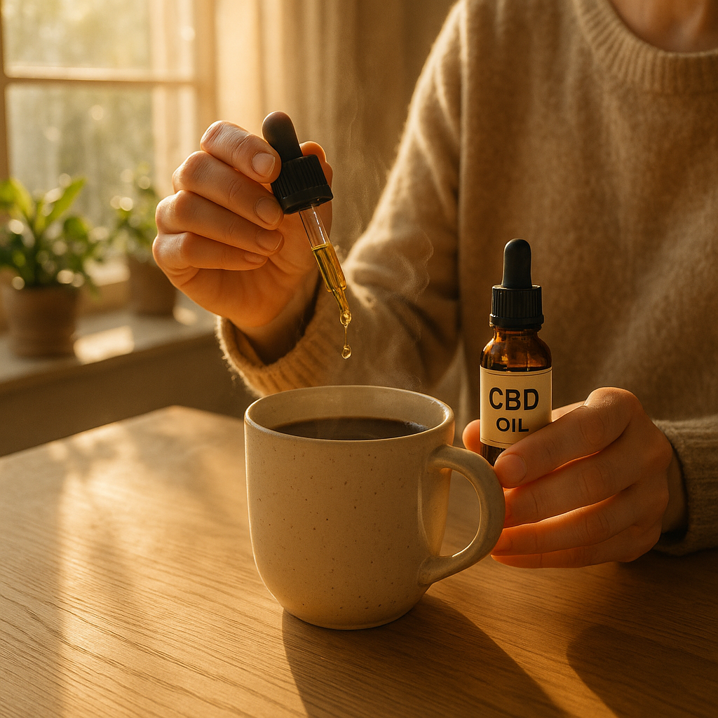 A peaceful morning scene with sunlight streaming through windows, showing a person adding CBD oil to their morning coffee or tea