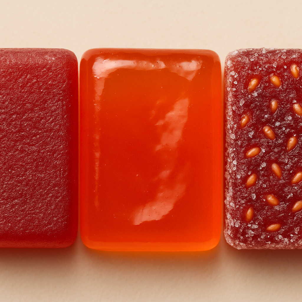 Close-up comparison of three different chewable products side by side showing distinct textures - a firm, bouncy gummy; a softer, more translucent jelly; and a fruit-textured pectin chew