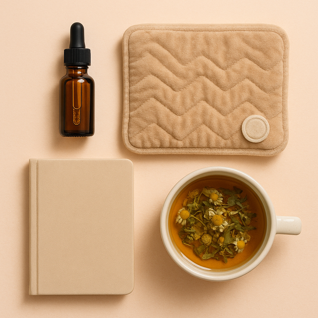 A stylish flat lay featuring CBD oil dropper, heating pad, herbal tea, and a journal against a soft pastel background