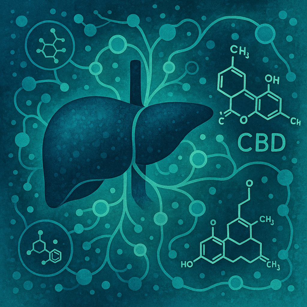 Abstract illustration showing the liver and endocannabinoid system with CBD molecules, using blue and green tones to convey a scientific, health-focused approach