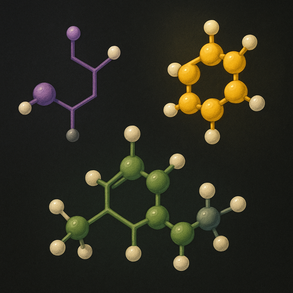 Abstract molecular structures of different terpenes (linalool, limonene, beta-caryophyllene) with distinctive colors representing their aromas - purple for linalool, yellow for limonene, green for beta-caryophyllene