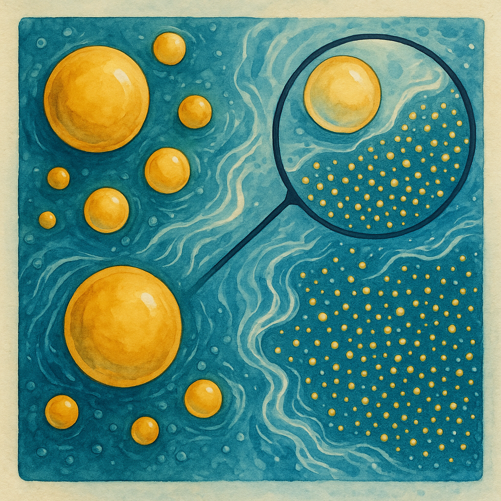 Abstract visualization comparing conventional CBD oil droplets versus nano-sized particles, with magnified view showing size difference and water dispersion patterns