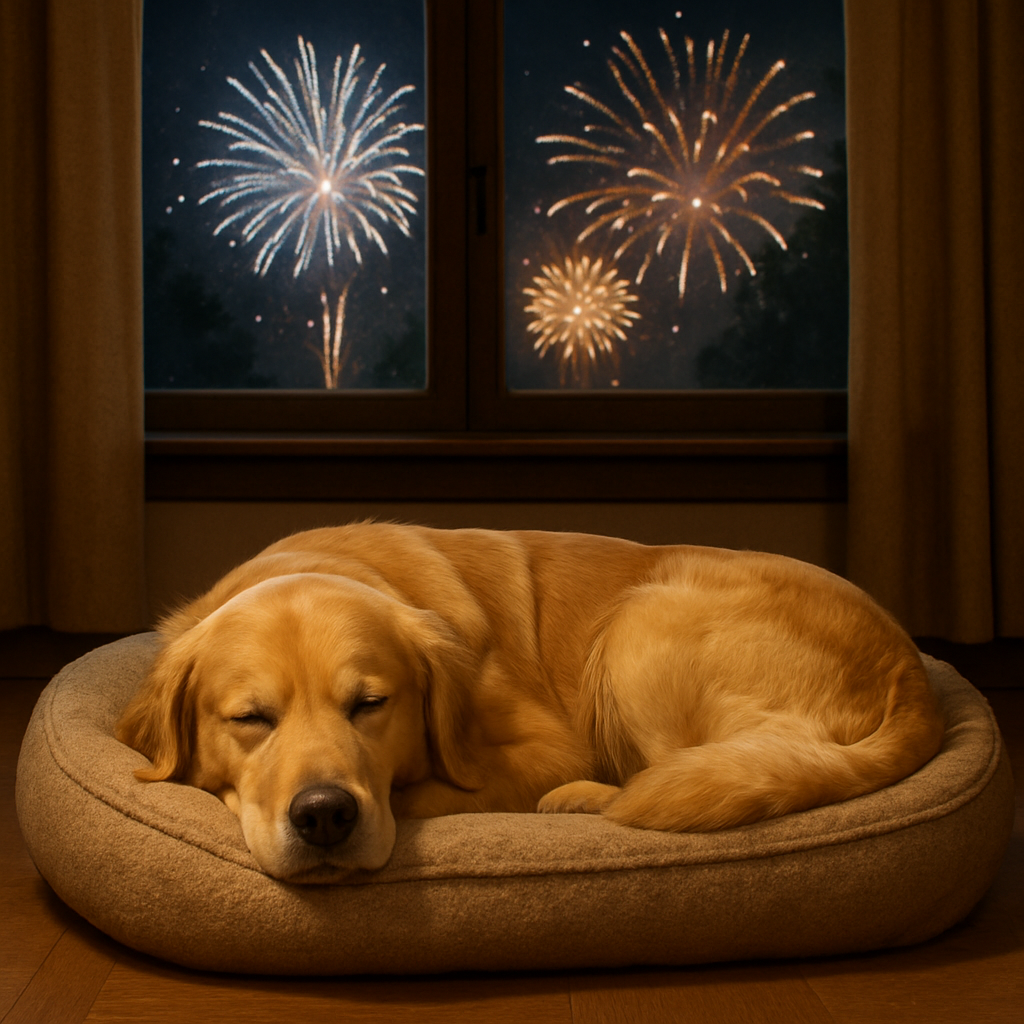 A calm golden retriever resting peacefully on a dog bed while subtle firework displays are visible through a window in the background