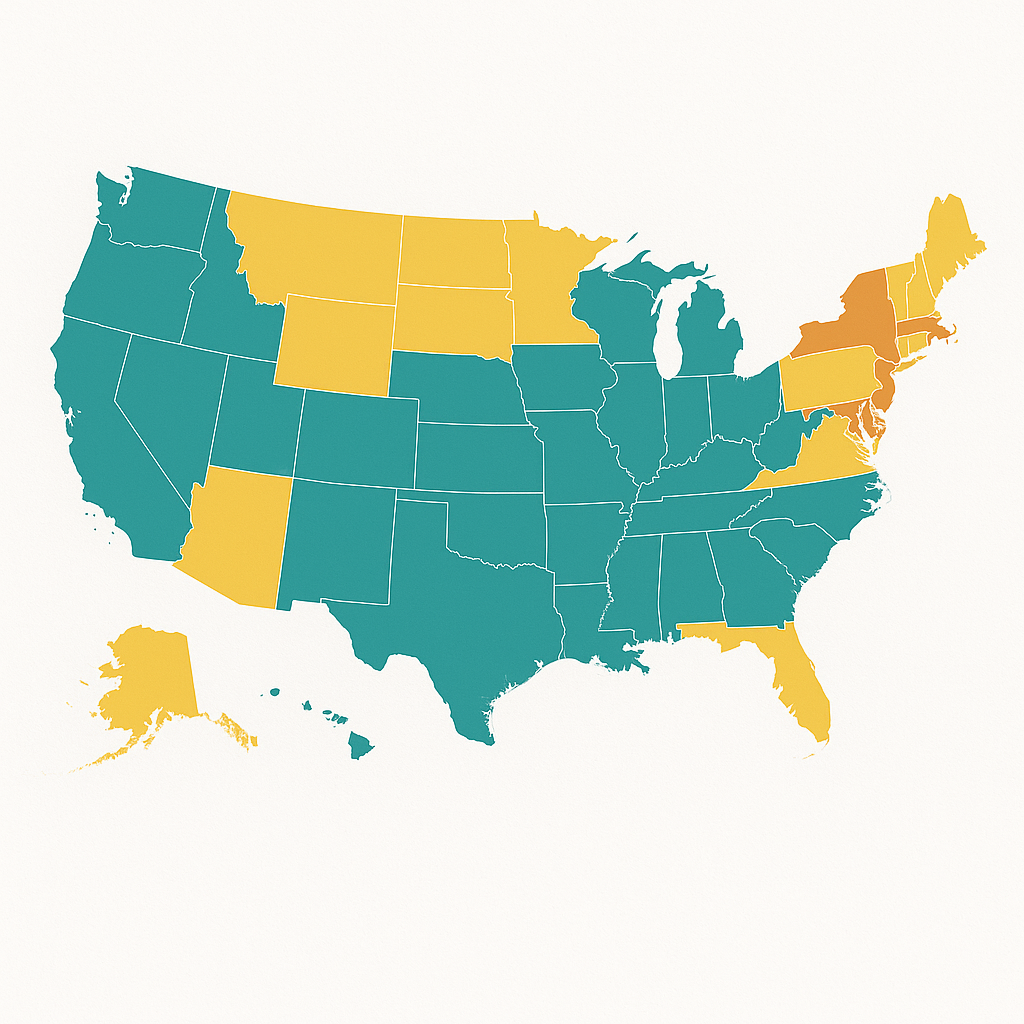 A clean, professional map of the United States color-coded to show different age restrictions for CBD purchases by state