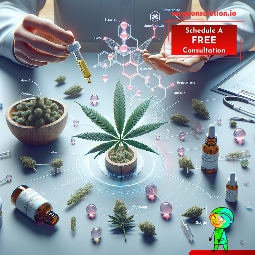 Photorealistic image of terpenes influencing cannabinoid effects, professional medical illustrati...