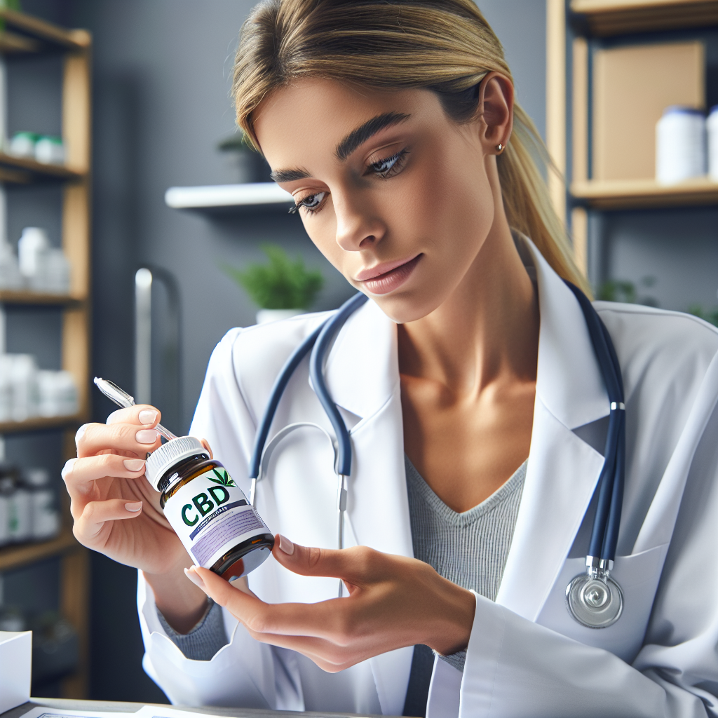 Photorealistic image of a person carefully examining a CBD product label, professional medical il...
