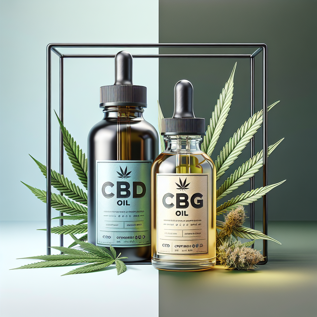 Photorealistic image of two glass bottles containing CBD and CBG oil, professional medical illust...