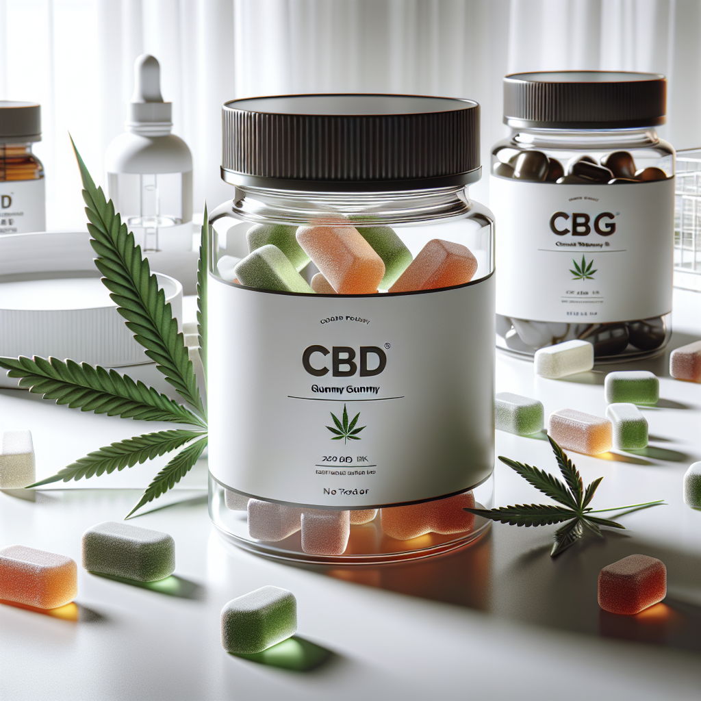 Professional product photography of CBD and CBG gummy supplements in elegant glass jars, natural ...